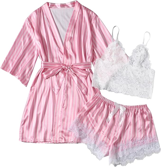 IMPORTED Luxury Satin Lace Robe 4 PCS SET PINK