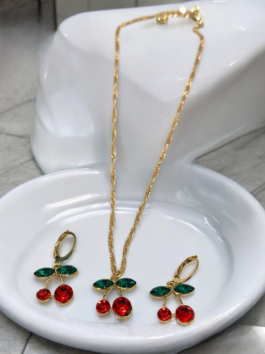 Gold Cherry Necklace & Red Diamantes Earring Set