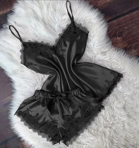 Women's Night Dress Silk Set 2 Sexy Piece Cami Shorts Satin Sleepwear Lace