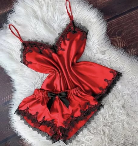Women's Night Dress Silk Set 2 Sexy Piece Cami Shorts Satin Sleepwear Lace