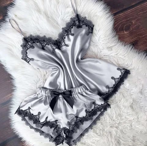 Women's Night Dress Silk Set 2 Sexy Piece Cami Shorts Satin Sleepwear Lace