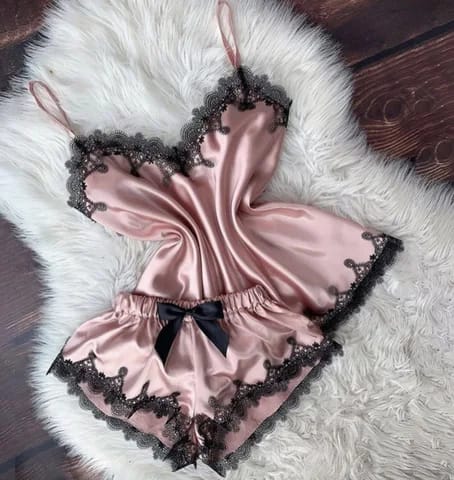 Women's Night Dress Silk Set 2 Sexy Piece Cami Shorts Satin Sleepwear Lace