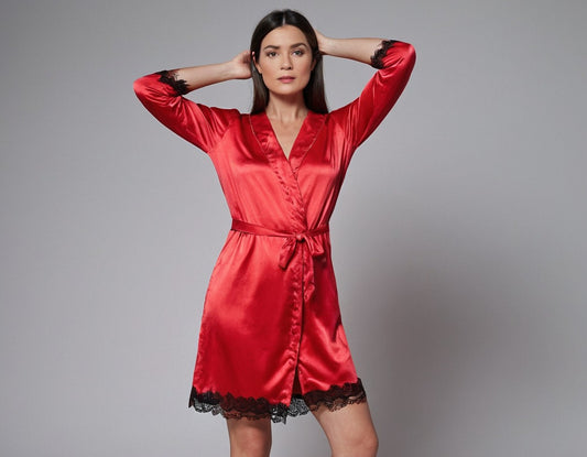 Chic & Stylish: Red Satin Robe with Delicate Lace