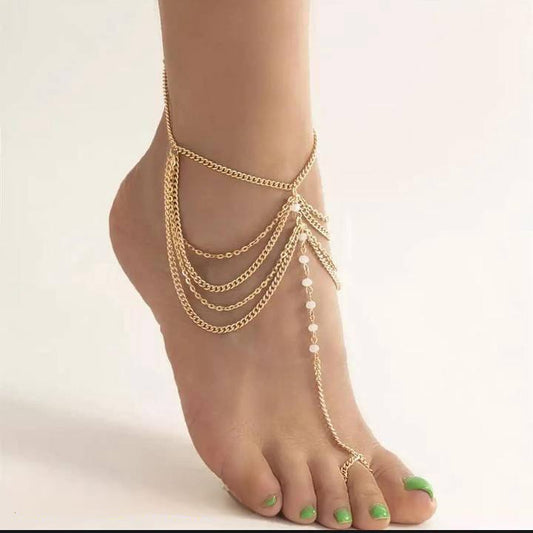 Luxe Gold Layered Foot Harness Anklet with Pearl Detailing
