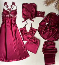 Lace Detailed 6-Piece Satin Nightgown Dressing Gown Nighty Set
