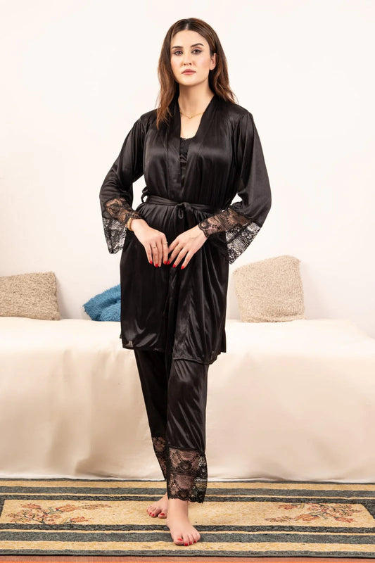 Lace Detailed 6-Piece Satin Nightgown Dressing Gown Nighty Set